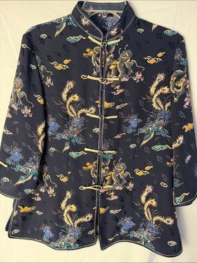 Black Floral Embroidered Mandarin Jacket with Frog Closures